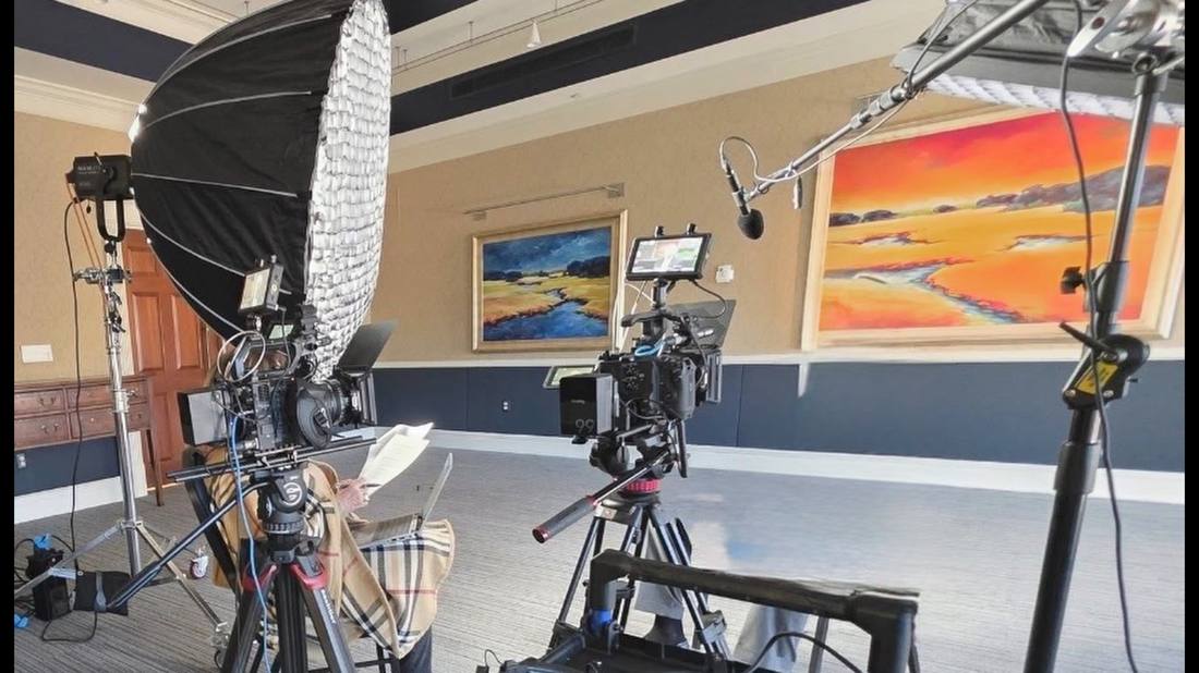 Cinema camera, softbox and boom mic built for an interview